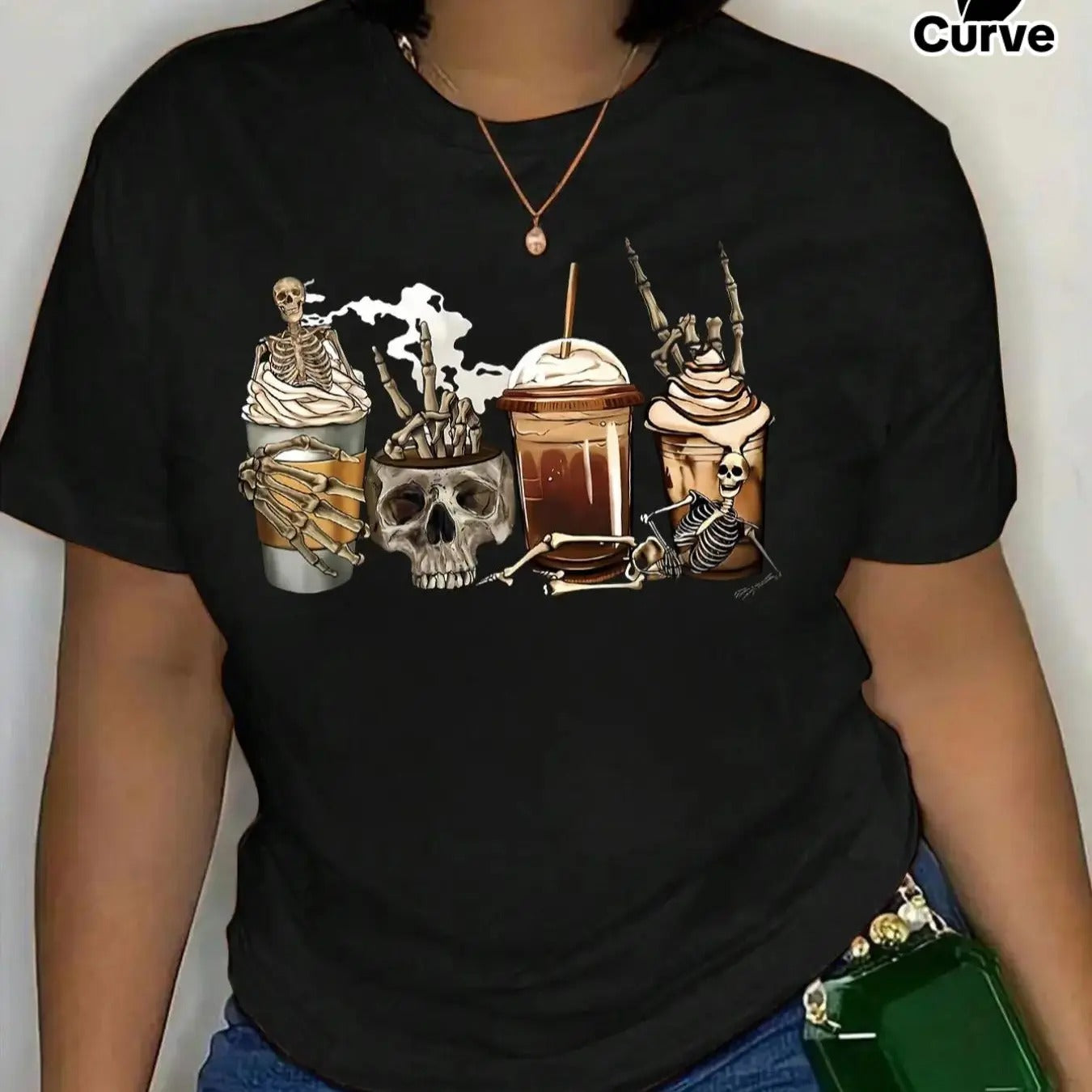 Plus Size Skull & Drink Print Round Neck Tee, Casual Short Sleeve Crew Neck T-shirt for Summer, Women's Plus Clothing for...
