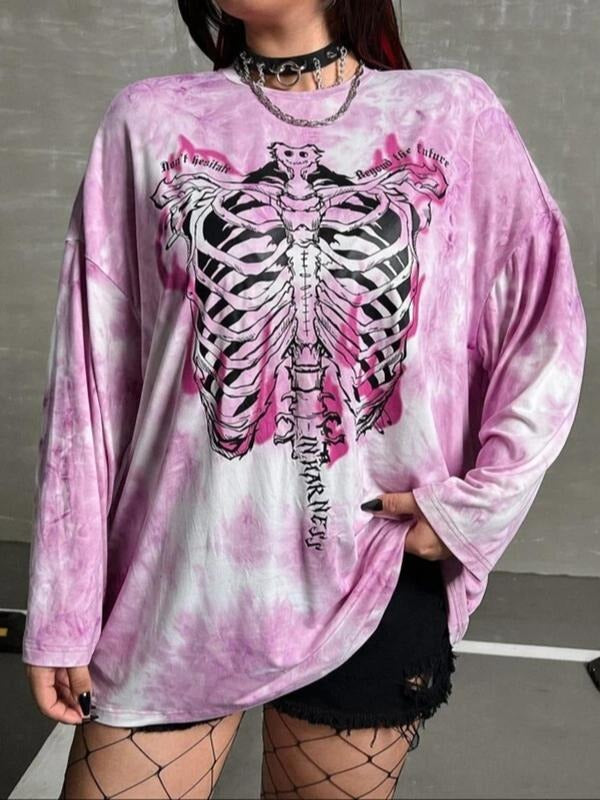 Plus Size Skull & Slogan Print Drop Shoulder Sweatshirt, Street Tie Dye Print Long Sleeve Top for Spring & Fall, Women...