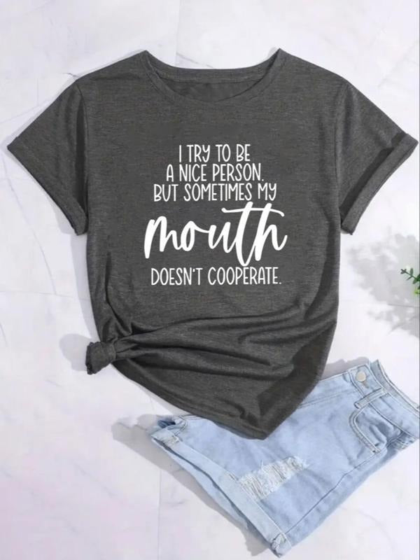 Plus Size Slogan Print Round Neck Tee, Fashion Casual Crew Neck T-shirt for Daily Holiday Vacation Outdoor Wear, Women...