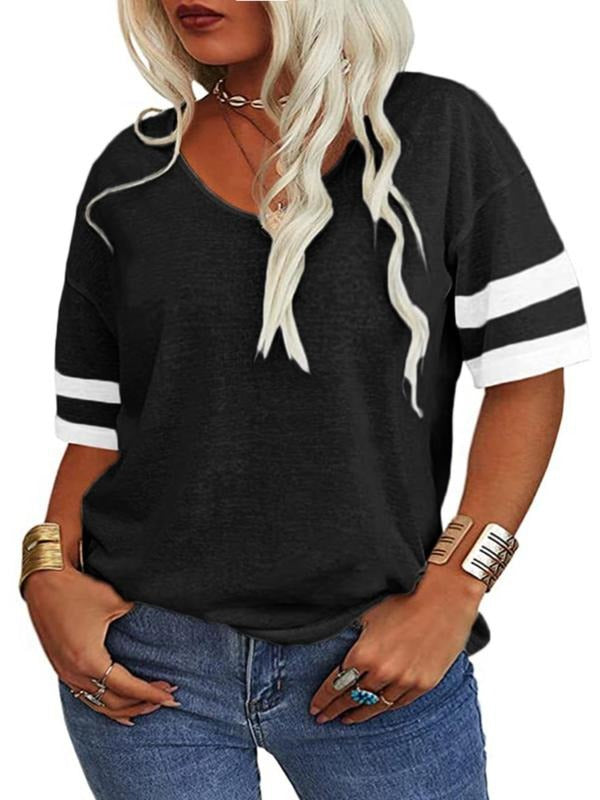 Plus Size Striped Print Drop Shoulder Tee, Casual Half Sleeve V Neck T-shirt for Daily Wear, Women Plus Clothing for All...