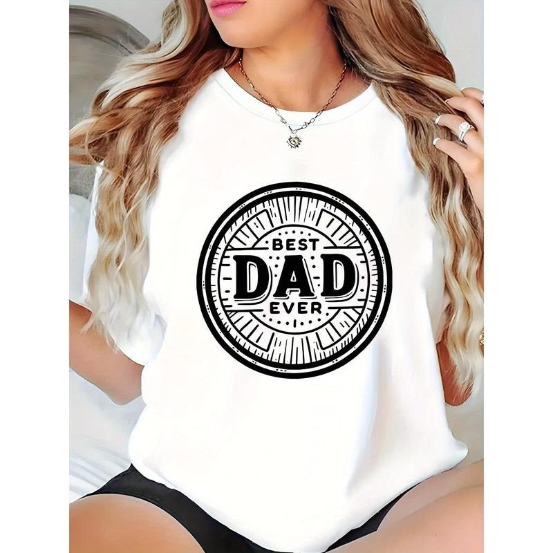 Plus Size Women'S T-Shirt with Best Dad Ever Print - Casual Short Sleeve - White
