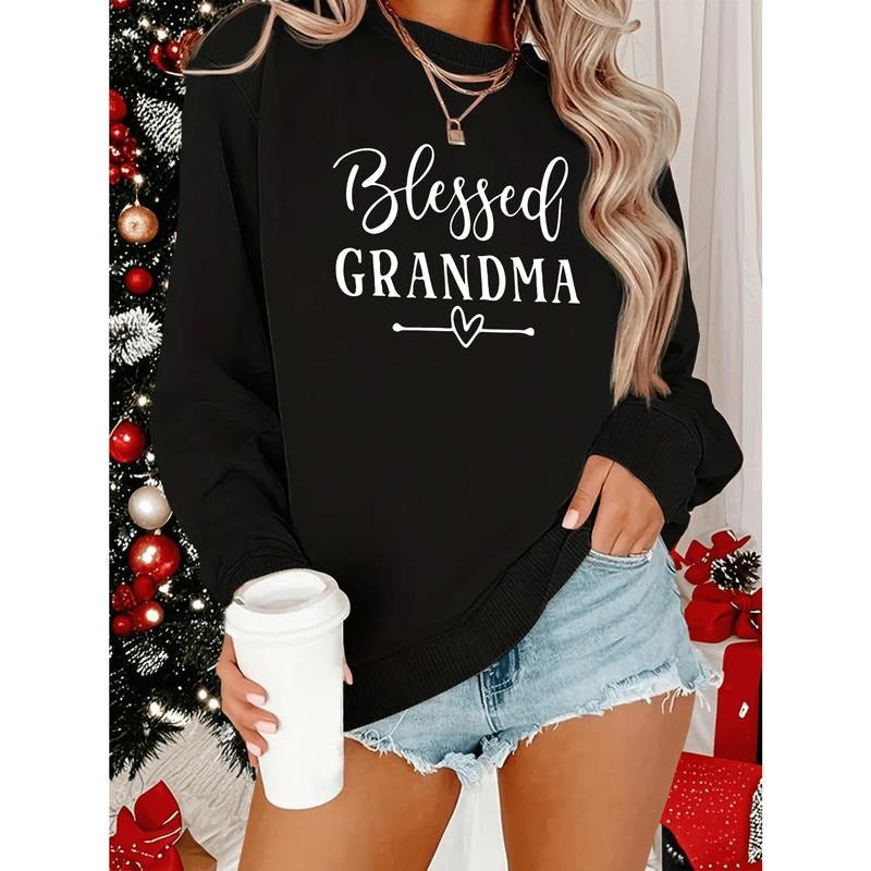 Plus Size Women's "Blessed GRANDMA" Print Sweatshirt - Cozy Oversized Long Sleeve Crewneck with Heart Accents, Machine...