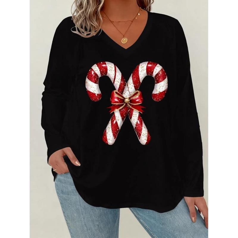 Plus Size Women's Christmas T-Shirt, Vintage Bow Design, Candy Cane Pattern, V Neck Long Sleeve, Perfect Gift Choice...