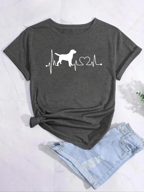Plus Size Women's Heartbeat & Dog Print Round Neck Tee, Plus Casual Short Sleeve T-Shirt for Summer, Women's Plus...