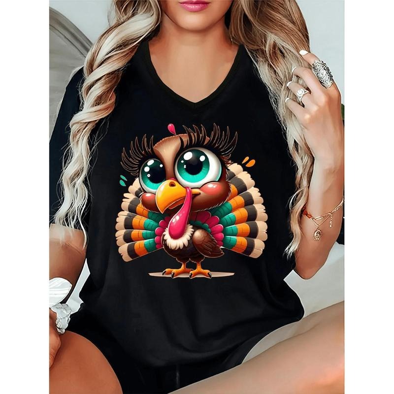 Plus Size, Plus Size Women's Funny Turkey Face Thanksgiving T-Shirt - V-Neck Short Sleeve Casual & Top with Cute Hoodie,...