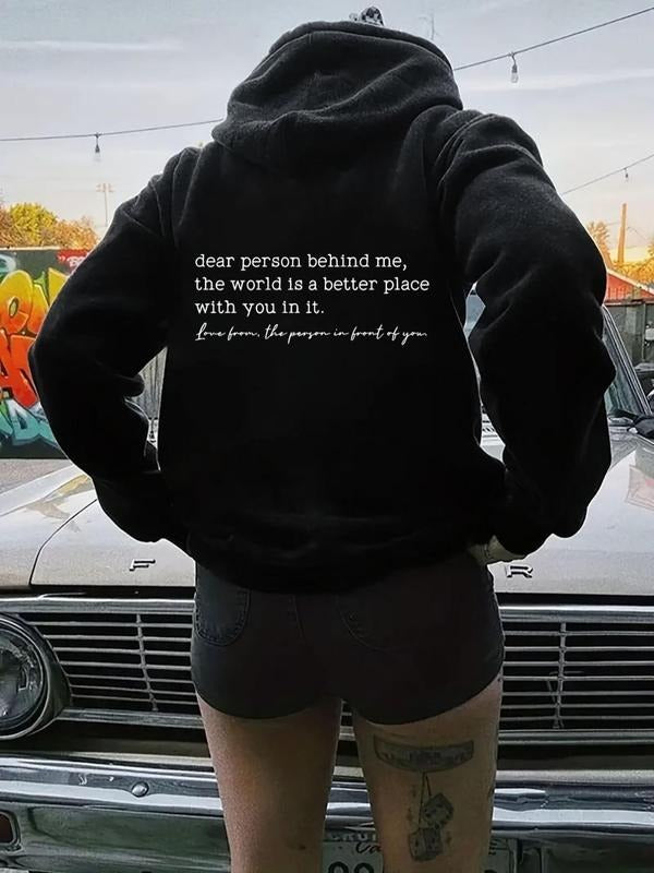 Plus Slogan Print Drawstring Drop Shoulder Warm Hoodie, Fashion Casual Kangaroo Pocket Hooded Sweatshirt for Daily...