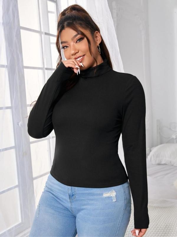 Plus Solid Long Sleeve High Neck Tee Without Necklace, Casual Basic T-Shirt for Spring & Fall, Women's Plus Clothing for...