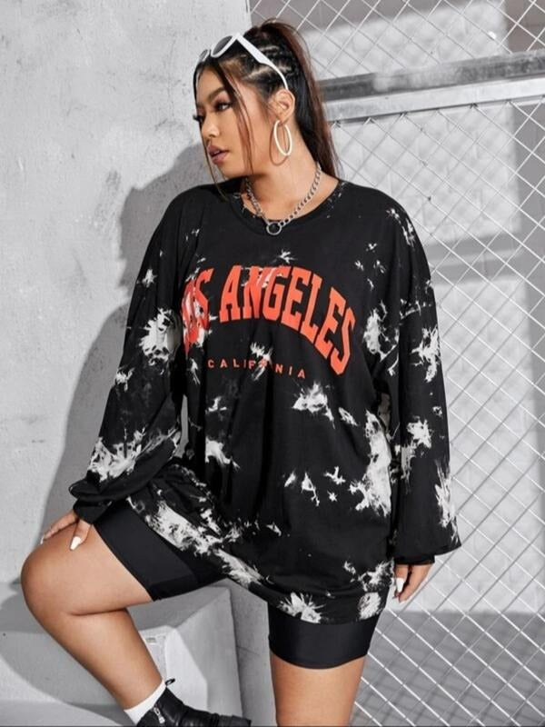 Plus Tie Dye Print Drop Shoulder Sweatshirt, Fashion Casual Letter Graphic Round Neck Long Sleeve Pullover for Daily...