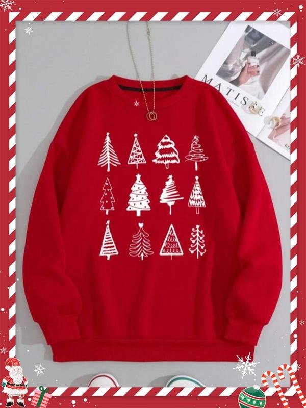 Plus Tree Print Drop Shoulder Sweatshirt Without Necklace, Casual Soft Comfy Long-Sleeve Round Neck Pullover For Fall &...