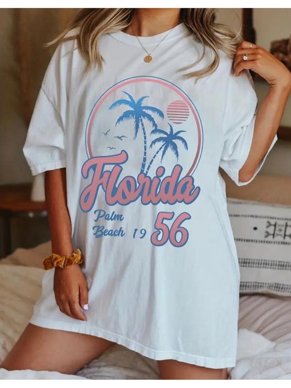 Plus size ladies' 100% T-shirt - casual short-sleeve round neck top, palm tree and Florida print, breathable and...