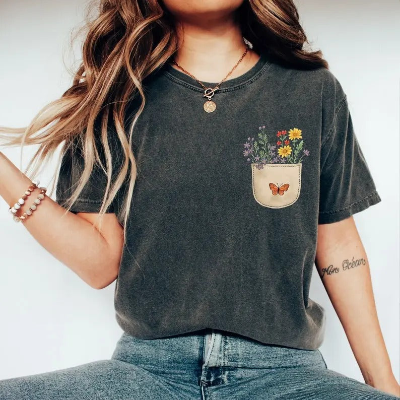 Pocket Flower Shirt, Flower Bouquet Shirt, Flower T Shirt, Butterfly Flower Shirt, Plant Lover Shirt, Gift for Mom...