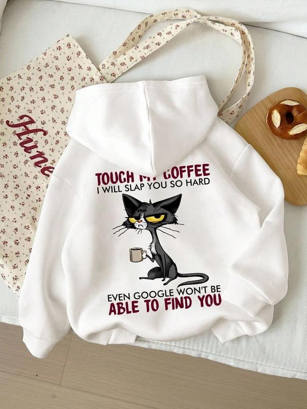 Pocket Hooded Drawstring Sweatshirt, Cartoon Cat & Slogan Print, Ideal for Spring & Fall, Comfortable Casual Wear,...