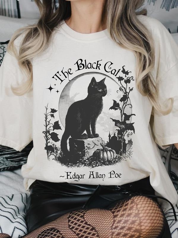 Poe Shirt, Black Cat Shirt, Black Halloween Cat Shirt, Edgar Allan Poe Shirt, Cat Shirt, Pastel Goth Shirt, Dark...