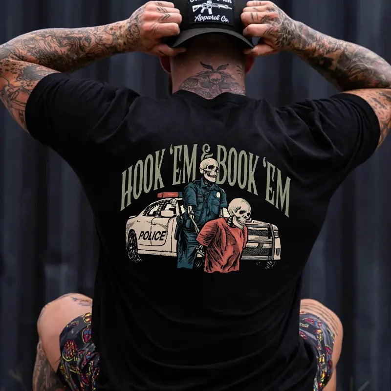 Police Hook 'em & Book 'em Printed Men's T-shirt Gifts for the Man of Character,Merch gift Breathable Casual Classic...