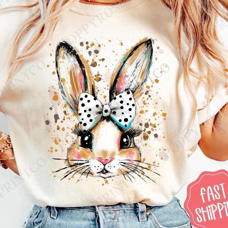 Polka Dot Bow Bunny Shirt Easter Shirt Religious Spring Bunny Shirt Coquette Bunny Her T-Shirts, Hoodie, Sweatshirt