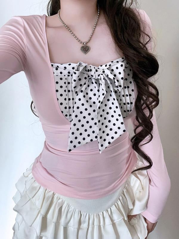Polka Dot Bow Girls' T-Shirt, Bowknot Print Shirt, Square Neck Y2K Cute Long Sleeve Fall Winter Ruched Elegant T-Shirt,...