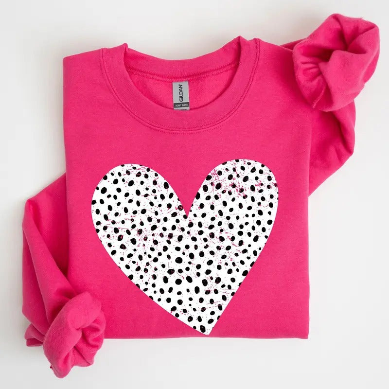 Polka Dot Heart, Dalmatian Print, Valentine's Day Sweatshirt, Crew Neck, Women's, Crewneck, Valentine's Day, Love, Heart,...