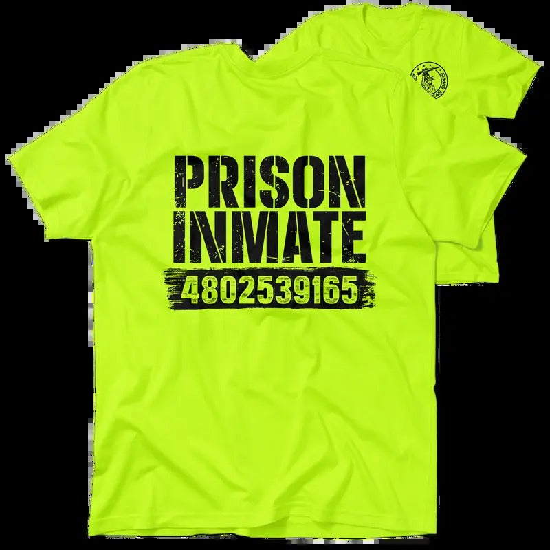Prison Inmate Hi Visibility Safety Yellow Work T-Shirt Jersey Men's 30-Day Guarantee  Cotton/Poly Blend Top with Blue...