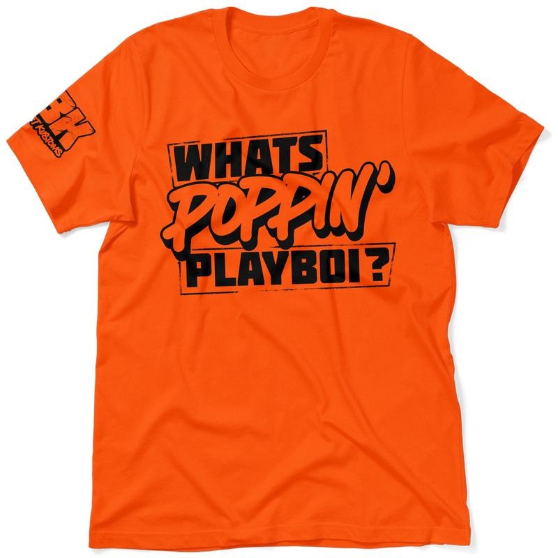 FBK Whats Poppin Hi Visibility Safety Orange T-Shirt Jersey Men's 30-Day Guarantee Quality Cotton/Poly Blend with Blue Collar