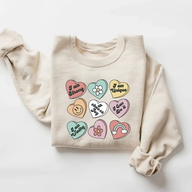 Positive Affirmations Sweatshirt, Teacher Valentine Sweatshirt, Teacher Valentine Sweatshirt, Retro Heart Sweatshirt...
