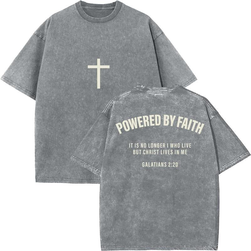 Powered By Faith Unisex Washed T-Shirt, Christian Tshirts, Vintage 90s Graphic Tee, Gift Top Womenswear Cotton Mineral...