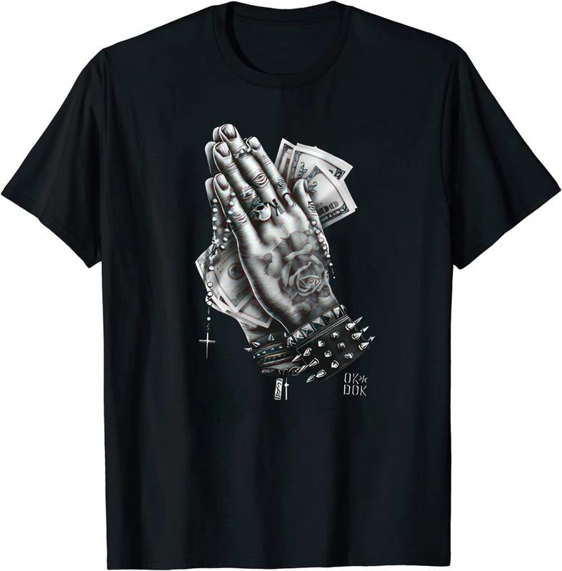 Pray Hand Printed Cotton Graphics Faith T-Shirt Black Crew Neck Casual Short Sleeve Earthy Black Women Outfits Hoodie,...