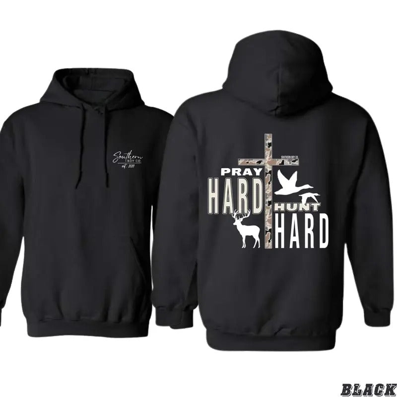 Pray Hard Hunt Hard Hoodie with Camouflage Cross and Wildlife Graphics, tiktok shop store, Unisex Sweater for Comfort and...