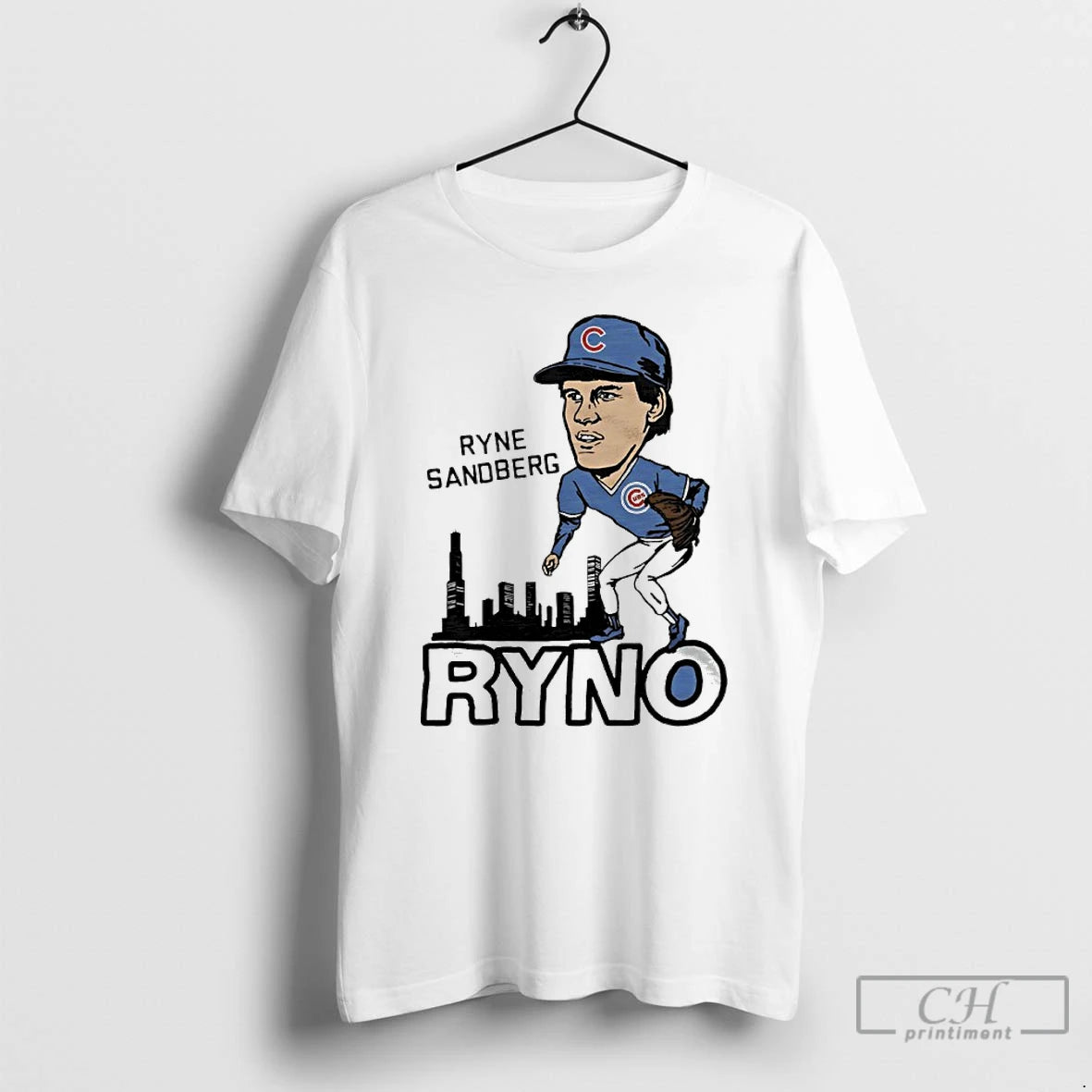 Premium Chicago Cubs Ryne Sandberg Ryno City Skyline Player Caricature T-Shirts, Hoodie, Sweatshirt | HypeCrazeTee.com