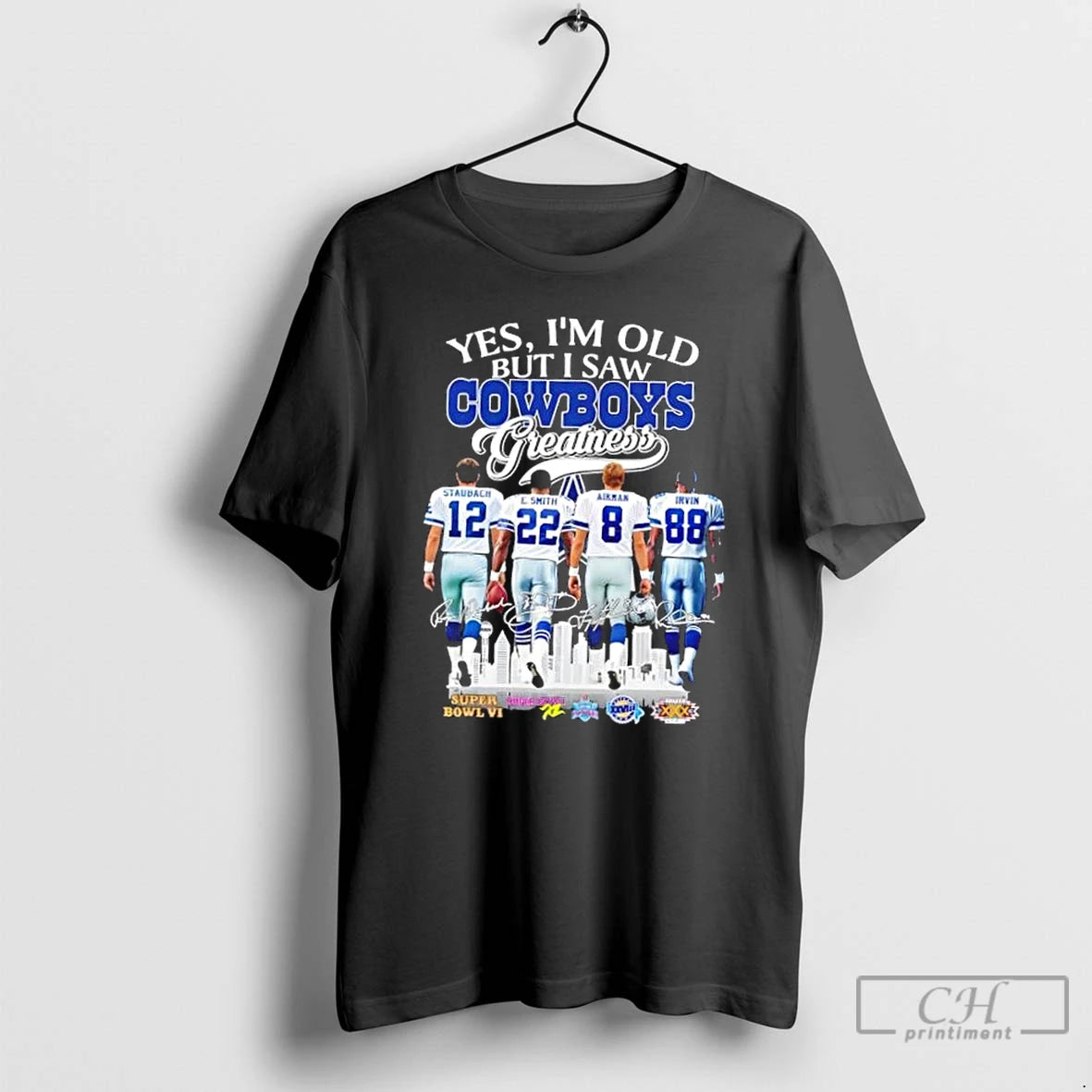 Premium Greatness Dallas Cowboys Legends Staubach Smith Aikman Irvin Skyline T Shirts