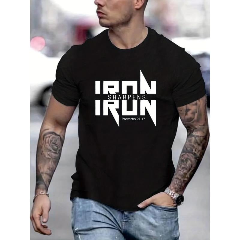Premium, IRON SHARPENS letter-graphic printed men's creative top, casual short-sleeved crew neck T-shirt, Summer outdoor...