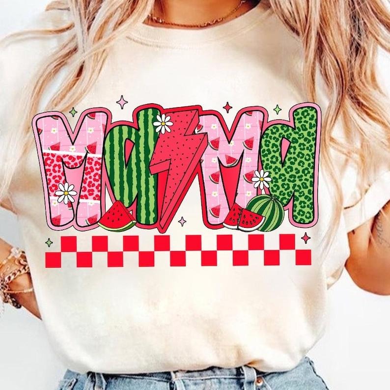 Preppy Mama Watermelon Checkered Light Bolt Custom Summer Leopard Coquette Mama T-Shirts, Hoodie, Sweatshirt