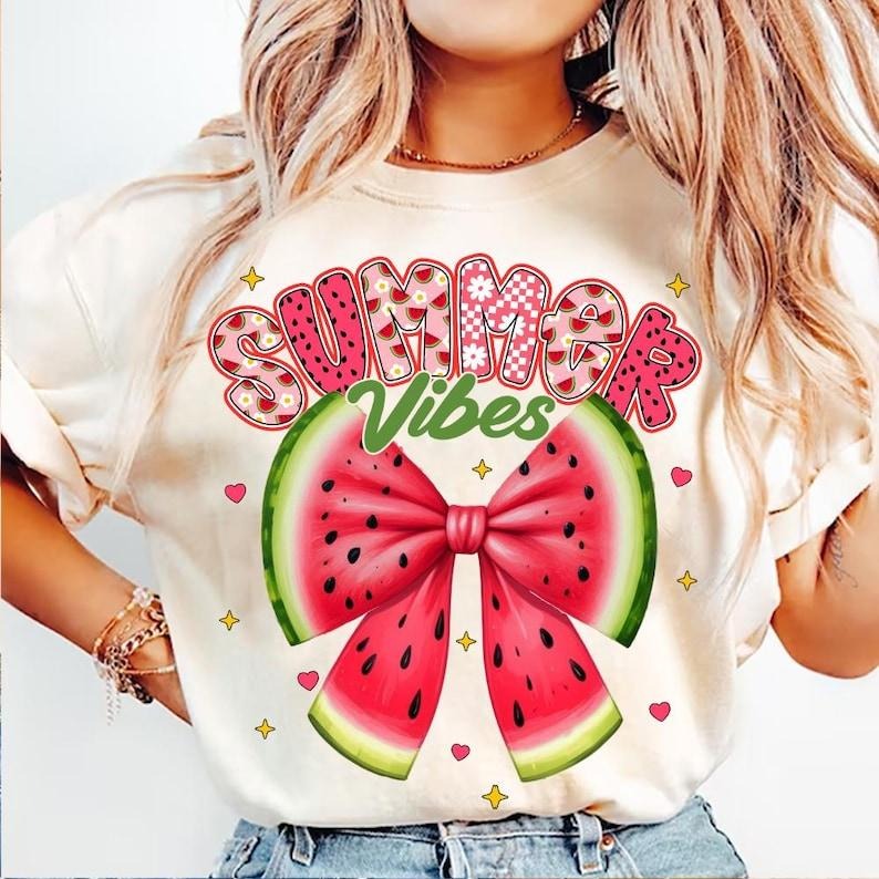 Preppy Summer Vibes Watermelon Bow Coquette Watermelon Cute Summer Shirt Everyday Trendy Summer Girly Summer T-Shirt...