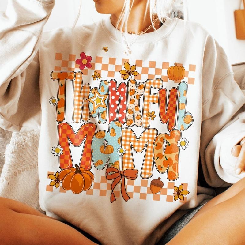 Preppy Thankful Mama Fall Checkered Sweatshirt, Autumn Retro Thanksgiving Day Tee, Cozy Thankful Mom Coquette Bow...