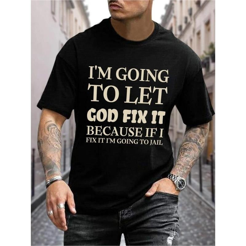 Print: "Let God solve" short sleeve T-shirt, men's casual T-shirt, summer daily wear, comfortable and breathable, not...