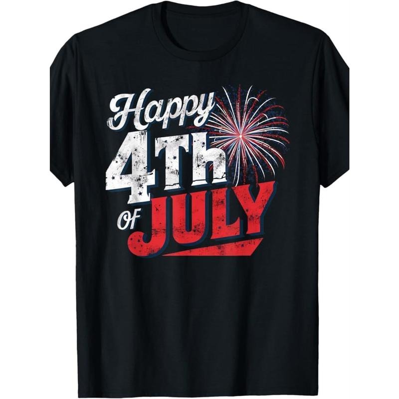 Printed Pattern Men'S Retro Style Independence Day Fireworks T-Shirt - Patriotic "Happy Independence Day" Print, Red And...