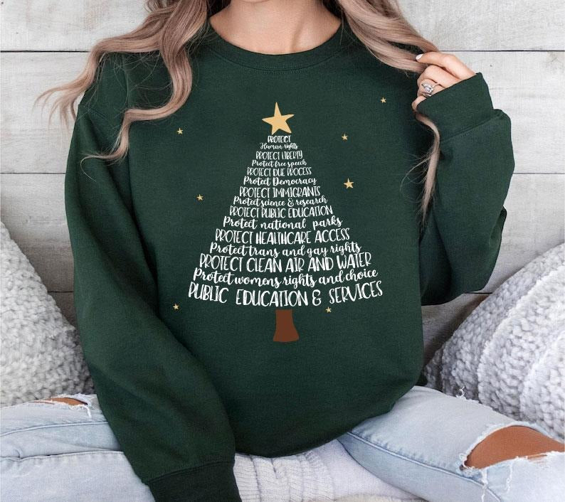 Protect Democracy Christmas Tree Shirt, Sweatshirt, Social Justice Shirt, Xmas Gift Ideas Hoodie | HypeCrazeTee.com