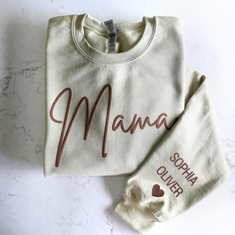 Puff Letter Personalized Mama Sweatshirt with Kid Names on sleeve, Mothers Day, Birthday, New Mom Gift Idea, Mothers Day...