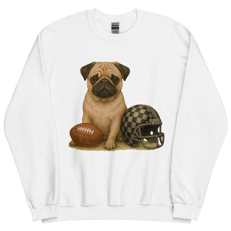 Pug Football Sweatshirt - Unisex Apparel Relaxed Fit Printed In The USA Clothing Womenswear Casual Comfort Cotton Top...