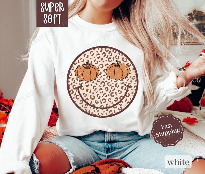 Pumpkin Happy Face Sweatshirt, Retro Fall Crewneck, Womens Sweatshirt, Fall Sweater T-Shirts, Hoodie | HypeCrazeTee.com