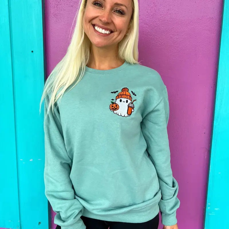 Pumpkin Spicy Ghost Embroidered Sweatshirt T-Shirts, Hoodie | HypeCrazeTee.com