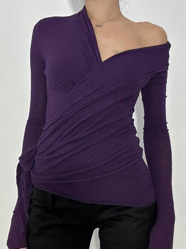 Pure Color V-Neck Crossed Tie T-Shirt Y2K Vintage Elegant Basic Casual Open Front Fall Winter, Casual Classy Fashion...