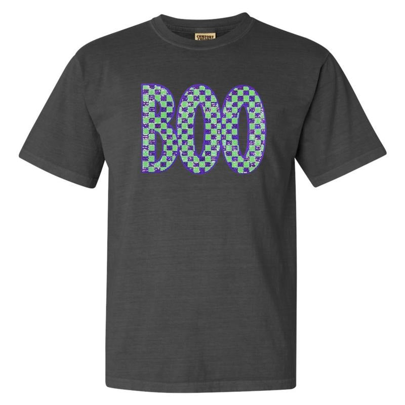 Purple & Green BOO Sequin Patch Comfort Colors T-Shirt Hoodie, Sweatshirt | HypeCrazeTee.com