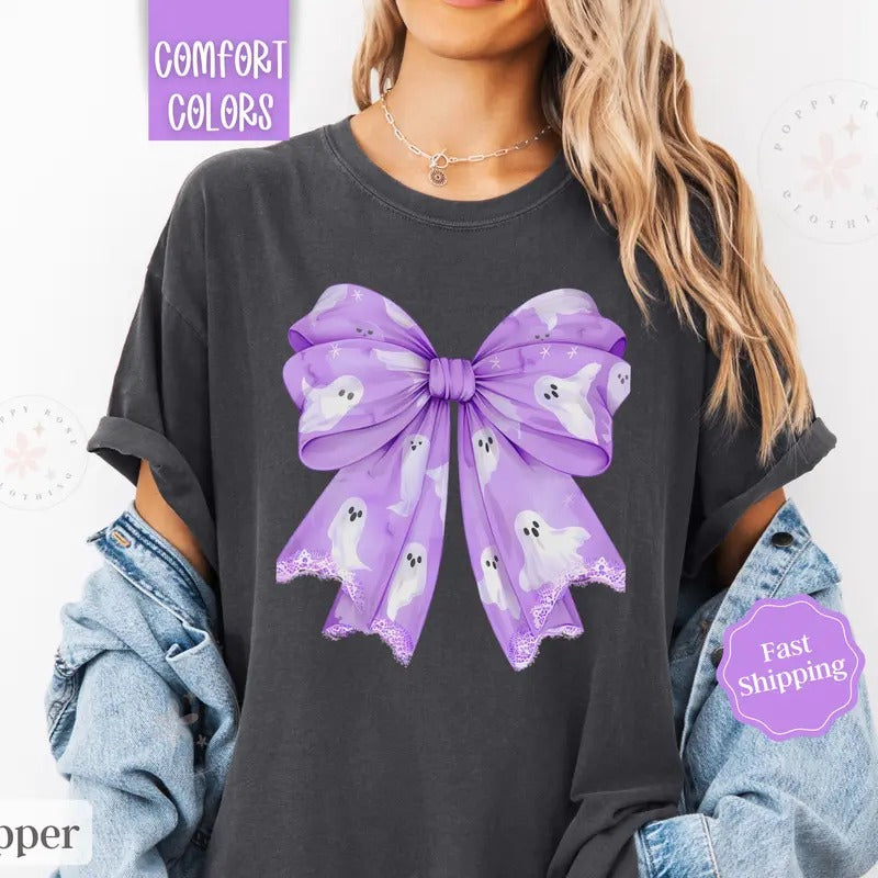 Purple Ghost Bow Shirt Comfort Colors, Coquette Halloween Tshirt,  October Vibes Shirt for Women Oversized Crewneck Tee...