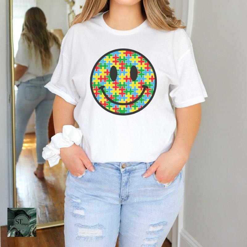 Puzzle Piece Smiley Face Autism Awareness White 100% Ring spun Cotton T-Shirt Unisex Fit Hoodie, Sweatshirt
