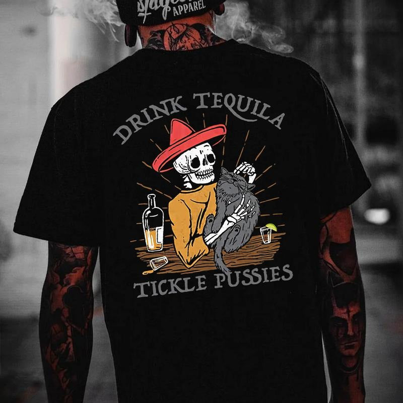 RINK TEQUILA TICKLE PUSSIES Casual Black Print Men's T-shirt - Naughty Clothes Men Hoodie, Sweatshirt | HypeCrazeTee.com