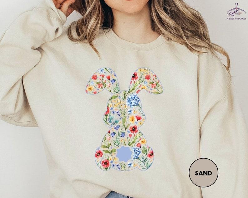 Rabbit Sweatshirt, Floral Bunny Sweater, Easter Sweatshirt, Spring Sweater, Easter Hoodie and Sweater; T-shirt Cotton