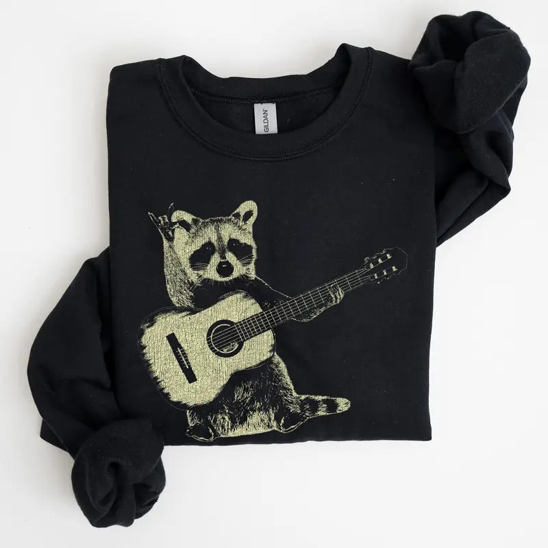 Raccoon Playing A Guitar, Funny Animals Sweatshirt T-Shirts, Hoodie | HypeCrazeTee.com