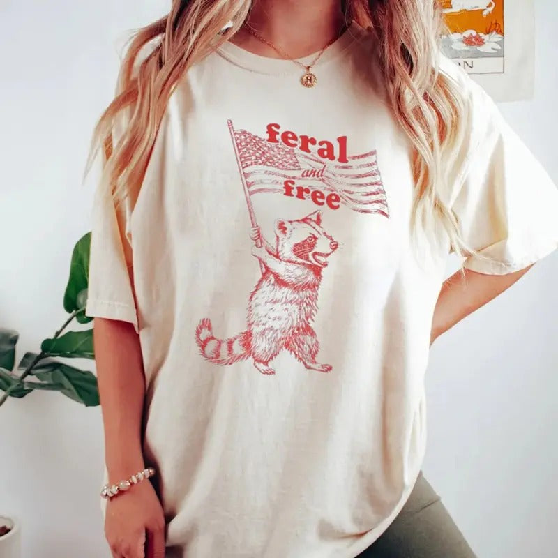 Raccoon Shirt 4th Of July Tee Retro Vintage Raccoon Shirt Wild Life Funny Meme Shirts Patriotic Usa Freedom Feral Joke...
