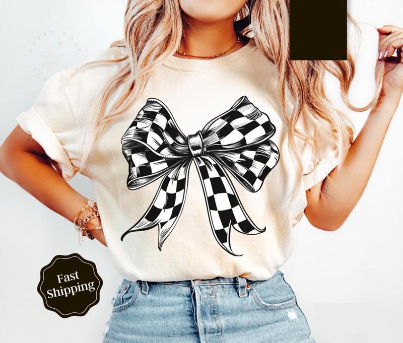 Race Checkered Bow Shirt, Car Racing Tee, Womenswear Crewneck Hoodie, Sweatshirt | HypeCrazeTee.com