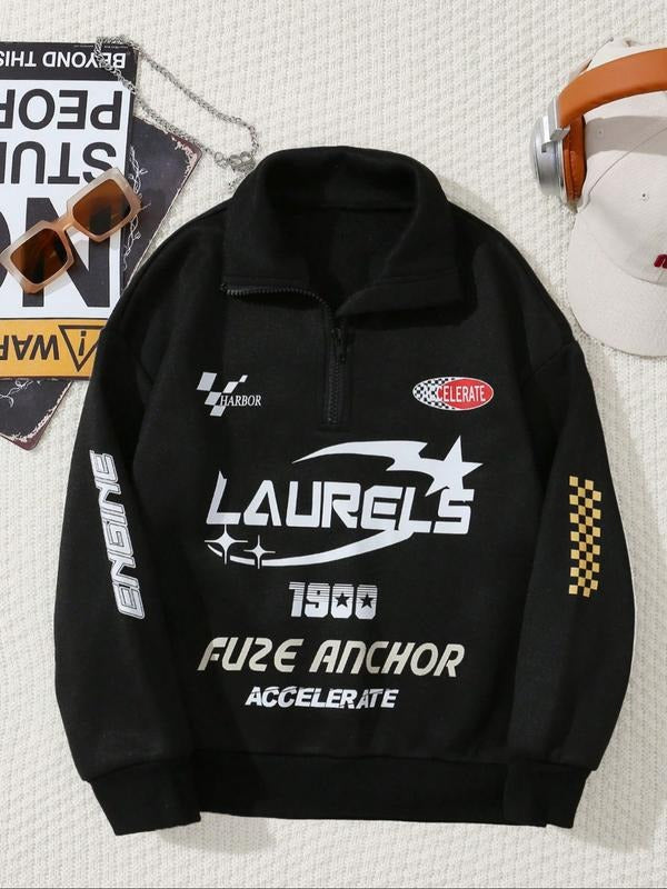 Racing style letter pattern printed half zipper stand up collar sweatshirt, casual long sleeved women's clothing, ideal...